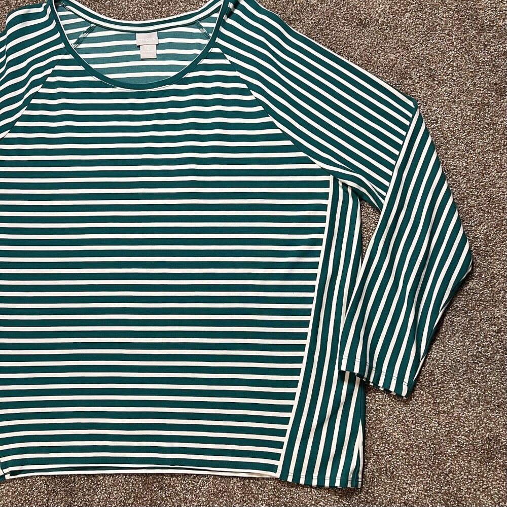 Chico’s 4 Women’s Stripe Top Size 2XL Scoop Neck Stretch Knit Pullover Green - Picture 7 of 9